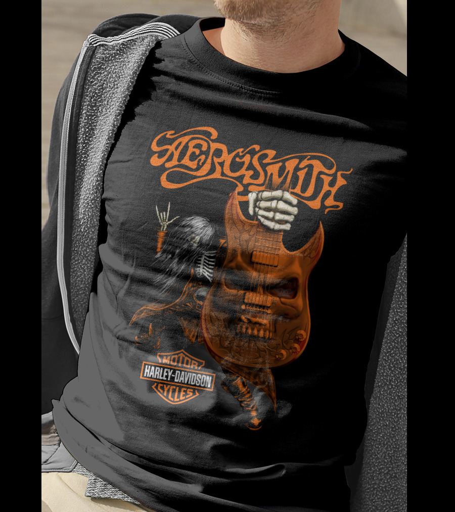 Aerosmith Harley Davidson Motor Cycles Rock Guitar Skull T-Shirt