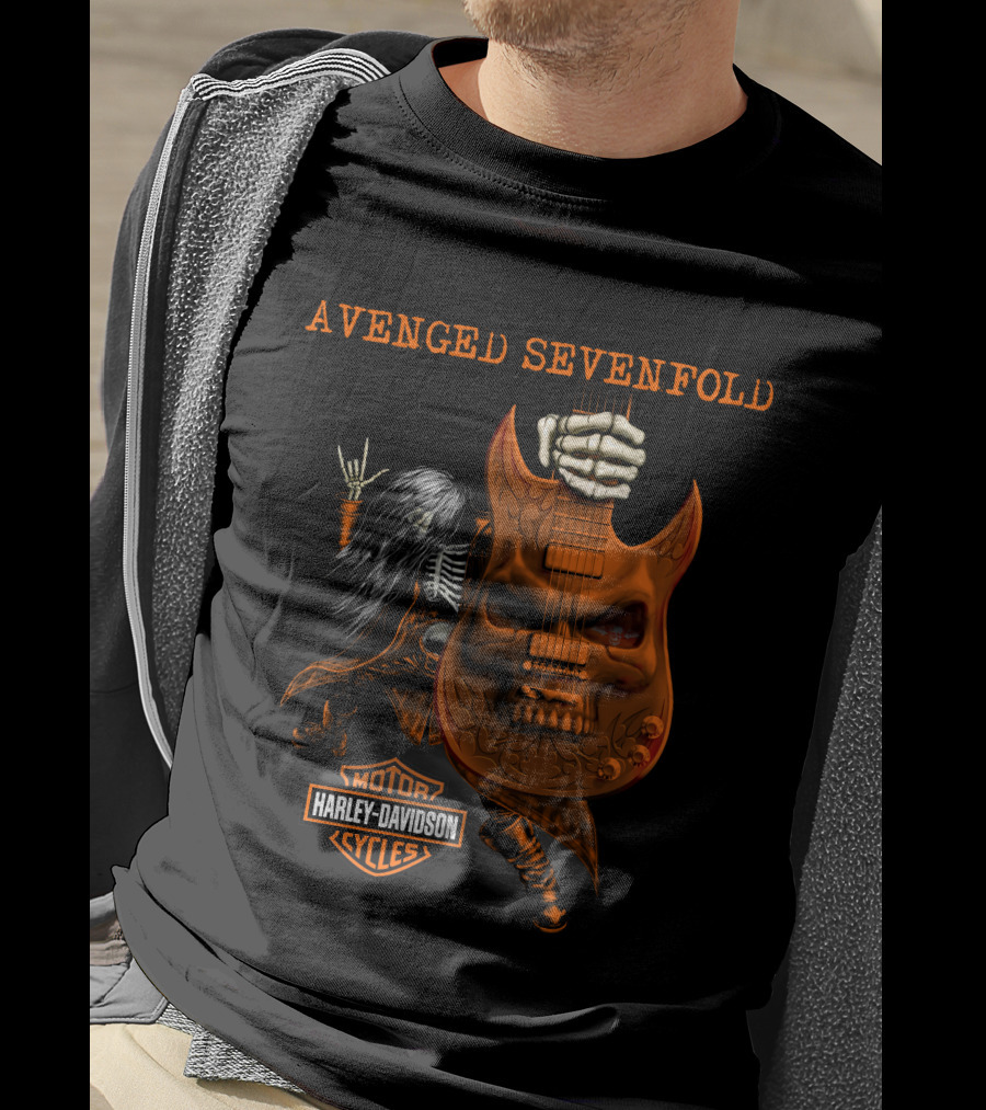 Avenged Sevenfold Harley Davidson Skeleton Guitar Imagery With Hand Sign T-Shirt