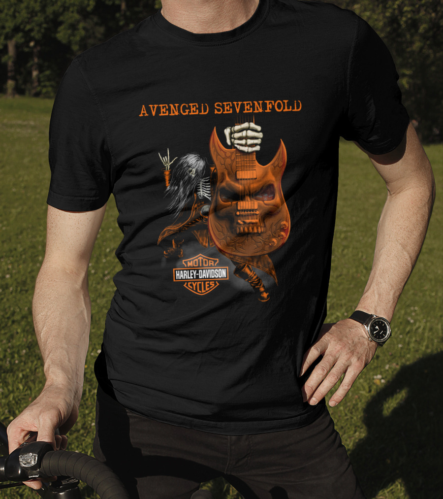 Avenged Sevenfold Harley Davidson Skeleton Guitar Imagery With Hand Sign T-Shirt