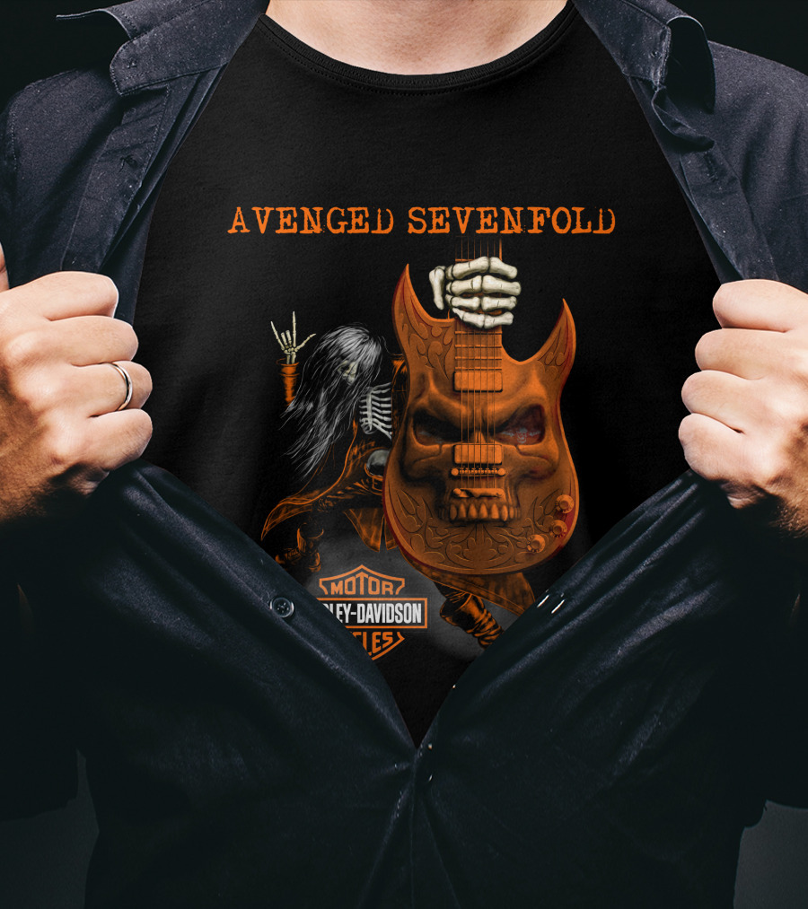 Avenged Sevenfold Harley Davidson Skeleton Guitar Imagery With Hand Sign T-Shirt