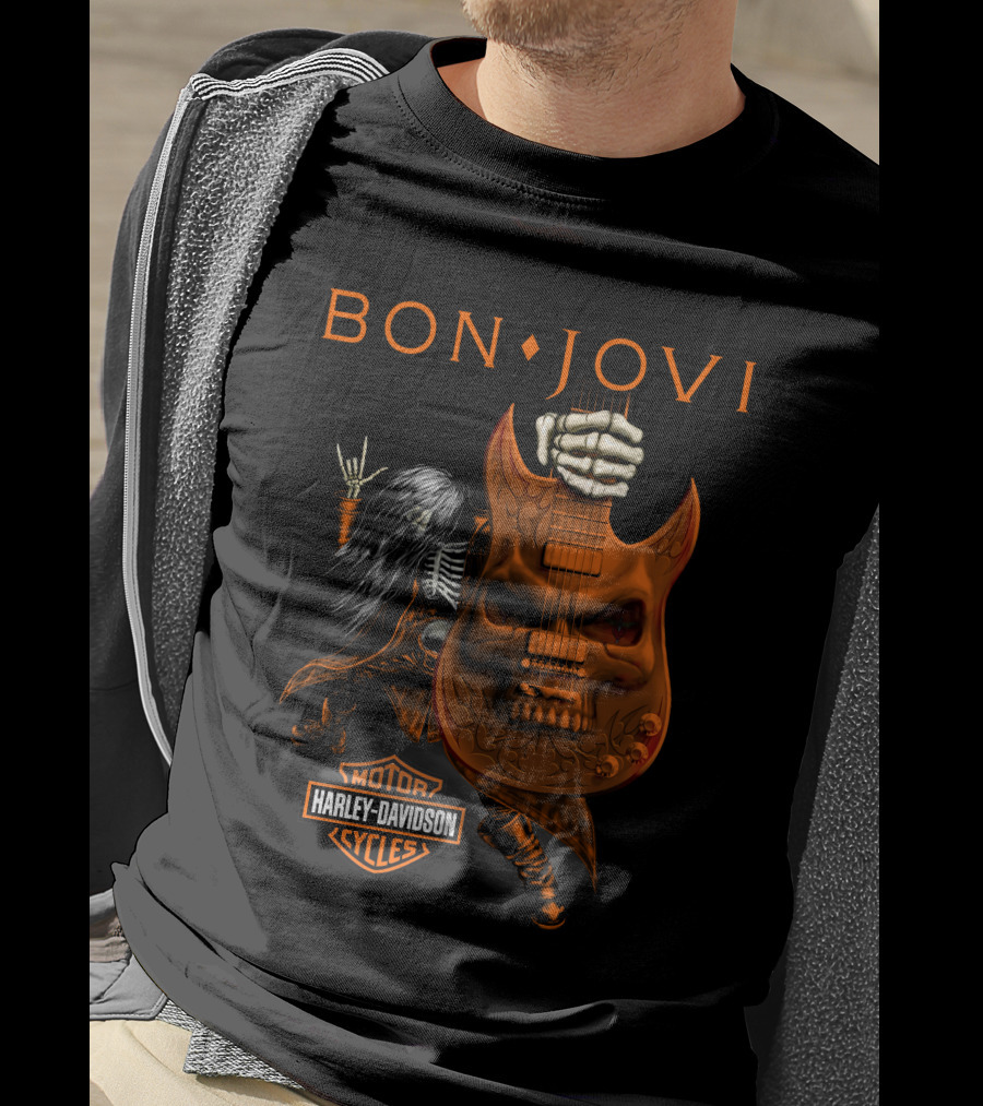Bon Jovi Harley Davidson Cycles Skeleton Guitar Rockstar T-Shirt
