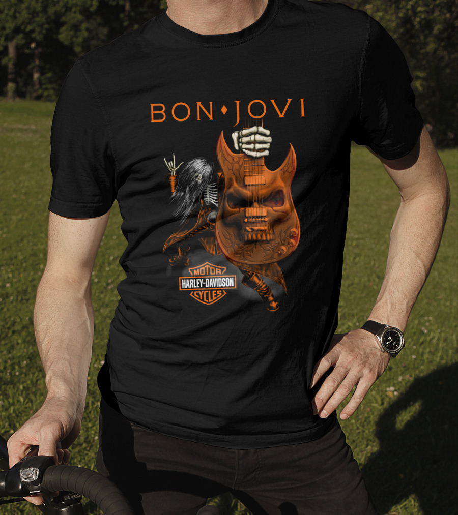 Bon Jovi Harley Davidson Cycles Skeleton Guitar Rockstar T-Shirt