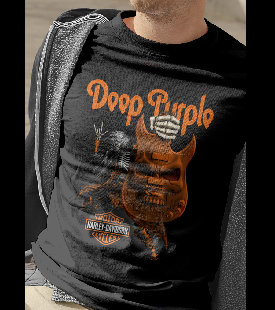 Deep Purple Harley Davidson Skeleton Guitar Rock T-Shirt