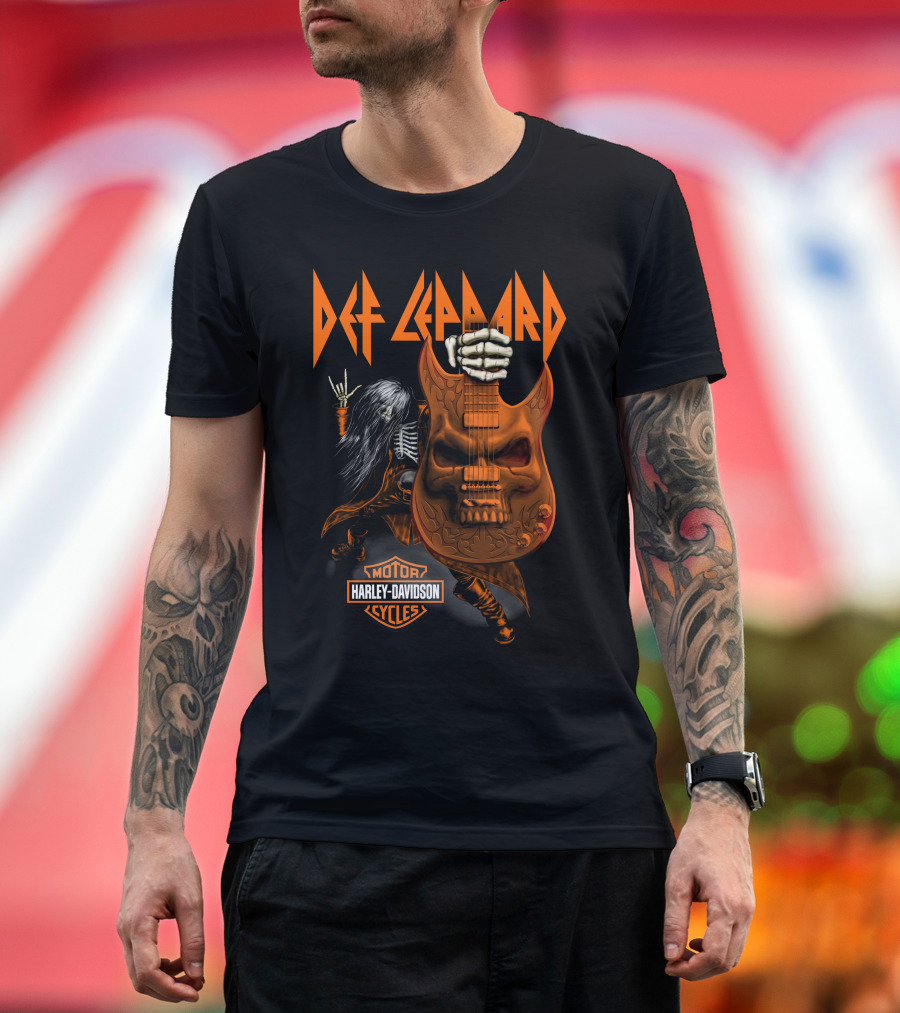 Def Leppard Harley Davidson Skull Guitar Skeleton Rock T-Shirt