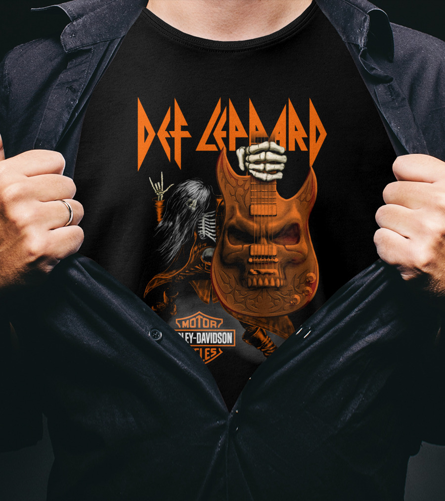 Def Leppard Harley Davidson Skull Guitar Skeleton Rock T-Shirt