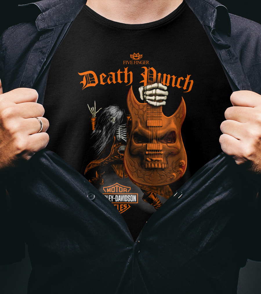 Five Finger Death Punch Harley Davidson Cycles Skeleton Guitar T-Shirt