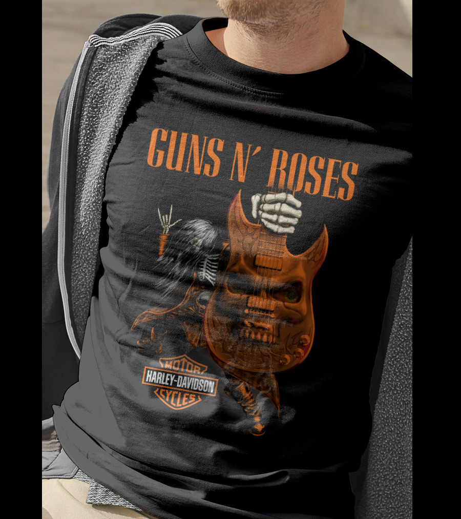 Guns N' Roses Harley Davidson Motor Cycles Skeleton Guitar Rocker T-Shirt