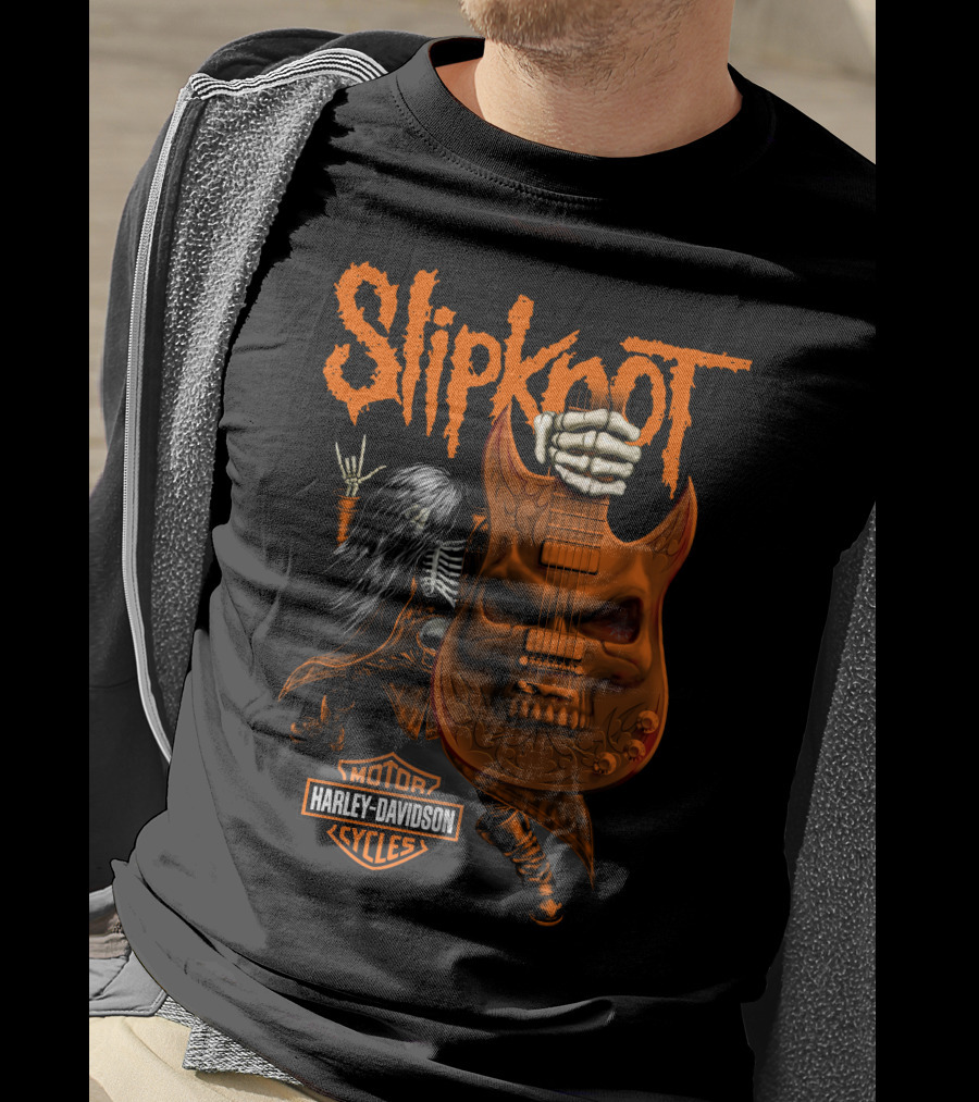 Slipknot Harley Davidson Motor Cycles Skull Guitar Skeleton Rock T-Shirt