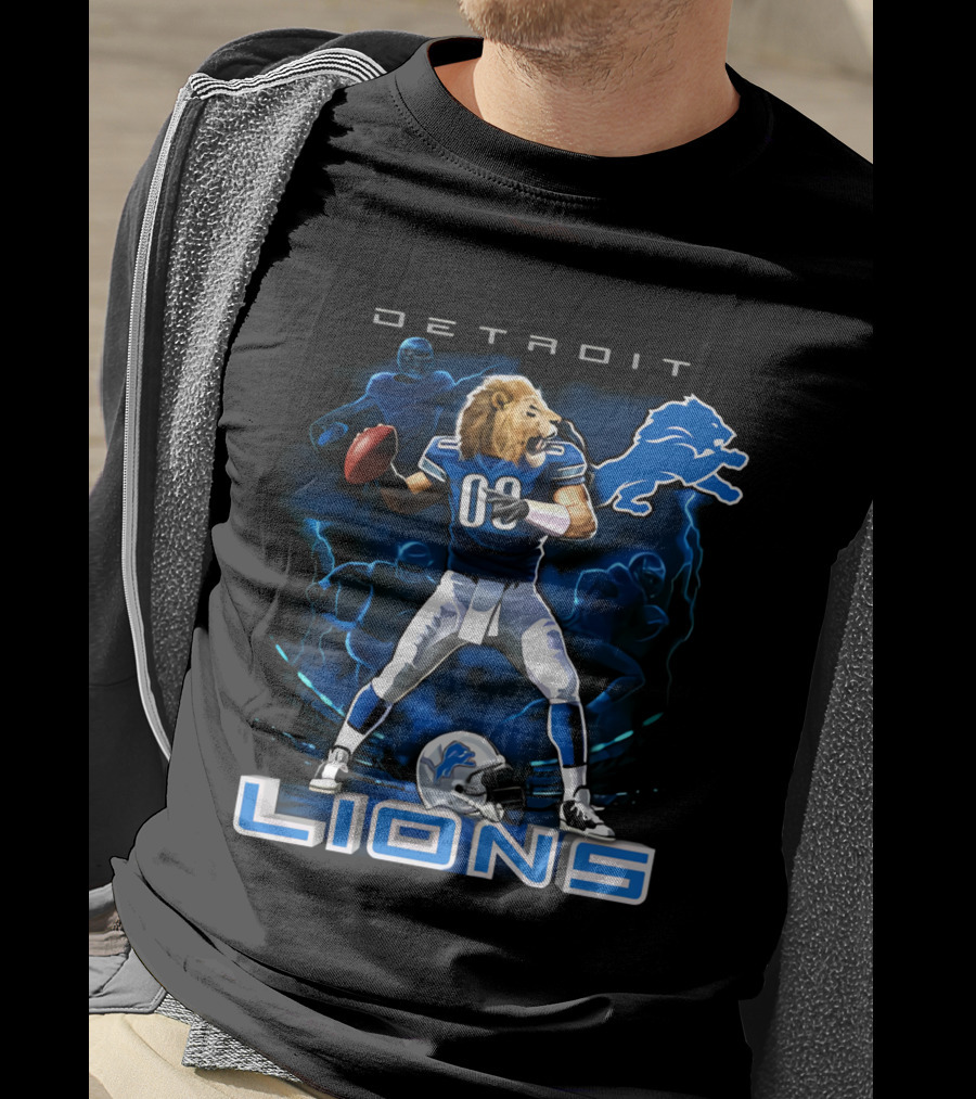 Detroit Lions Lion-Headed Quarterback Action Fantasy Scene T-Shirt