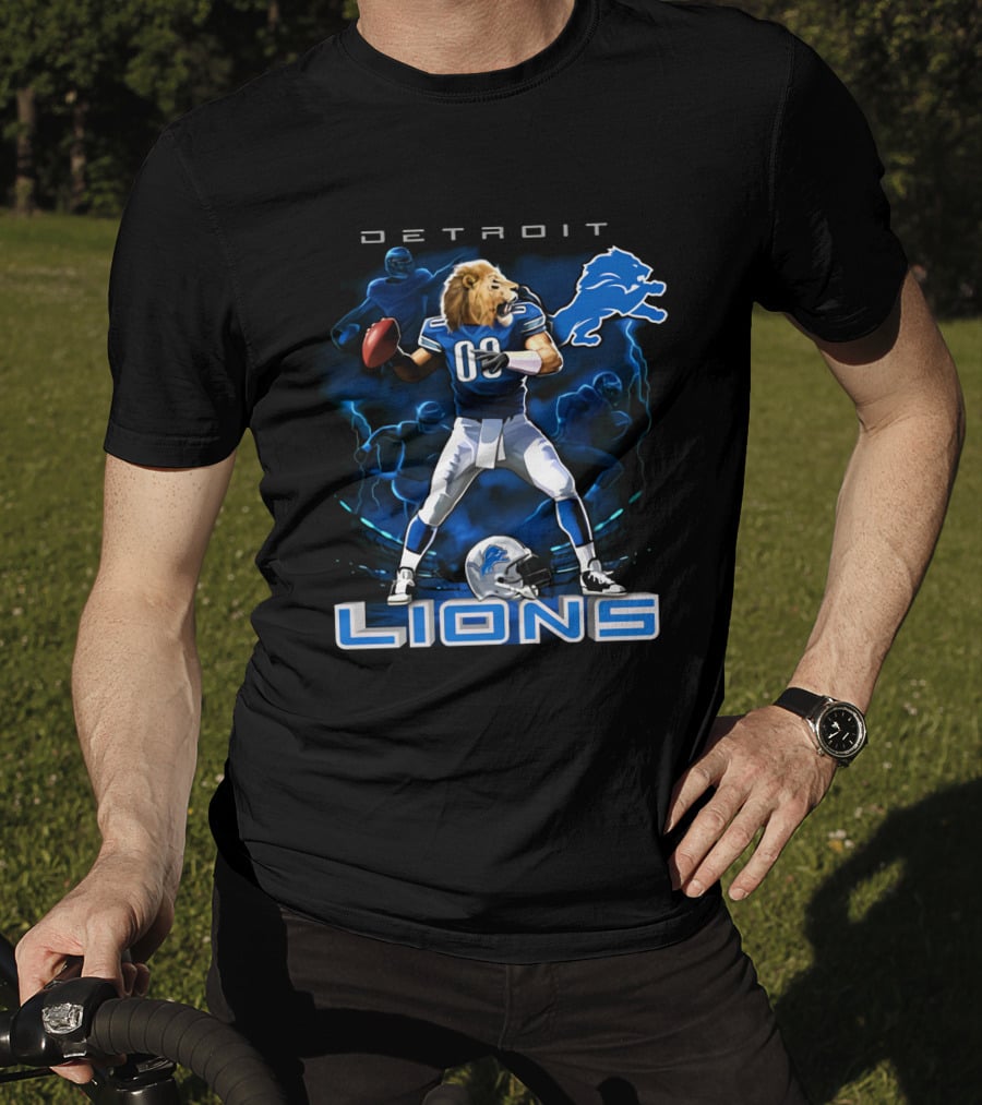 Detroit Lions Lion-Headed Quarterback Action Fantasy Scene T-Shirt