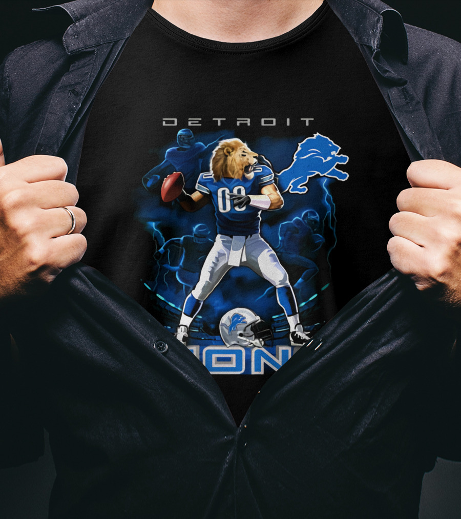 Detroit Lions Lion-Headed Quarterback Action Fantasy Scene T-Shirt