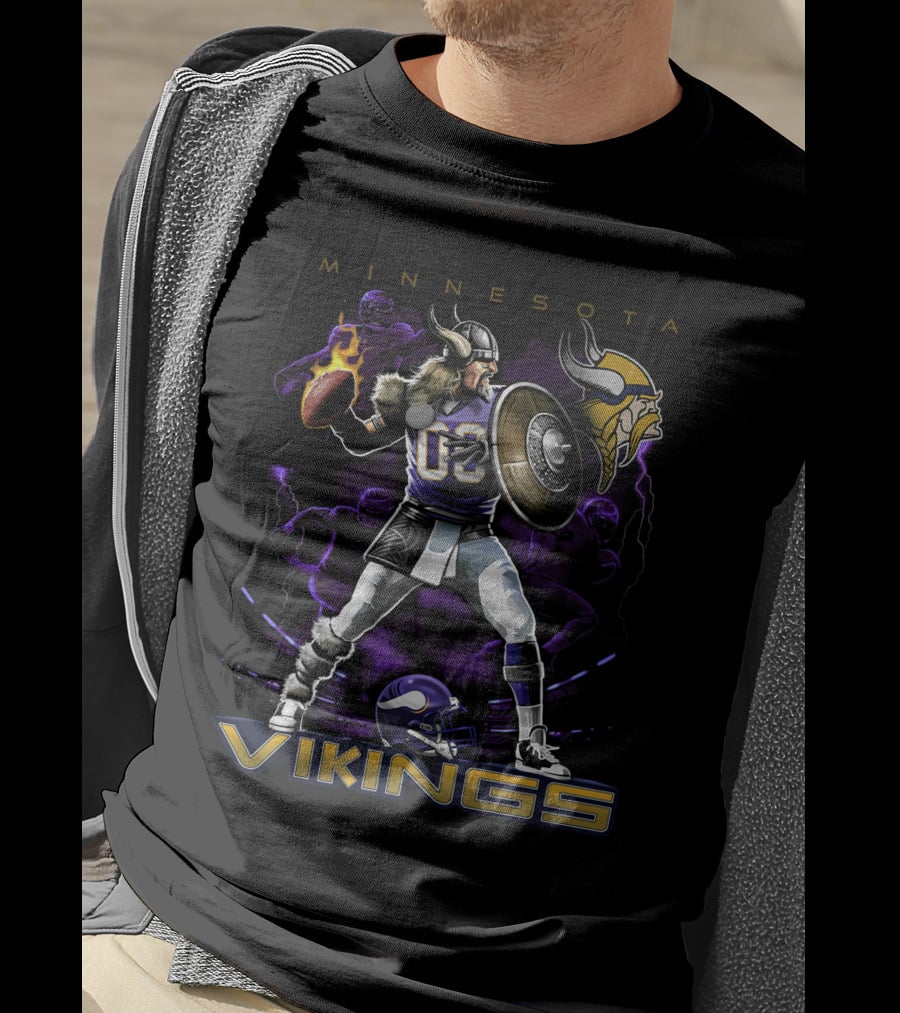 Minnesota Vikings Warrior With Football And Viking Helmet T-Shirt