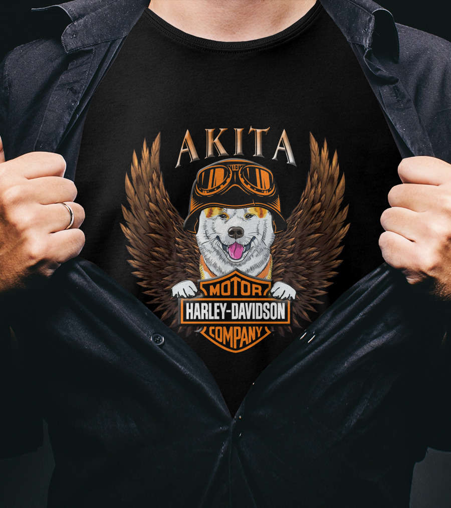 Akita Harley Davidson Motor Company Winged Dog Helmet T-Shirt