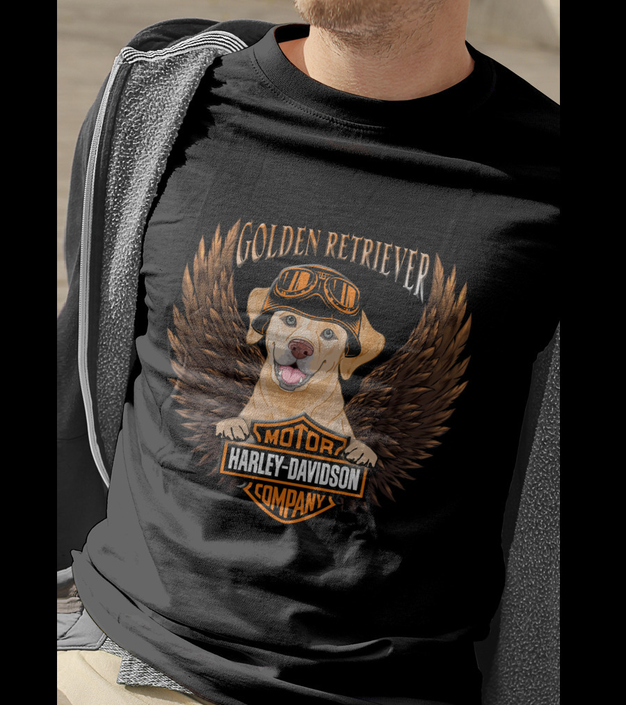 Harley Davidson Golden Retriever Motor Company Winged Logo T-Shirt