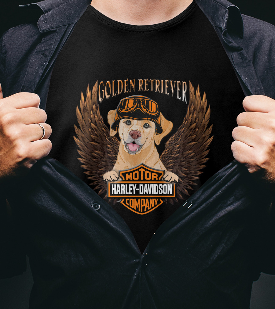 Harley Davidson Golden Retriever Motor Company Winged Logo T-Shirt