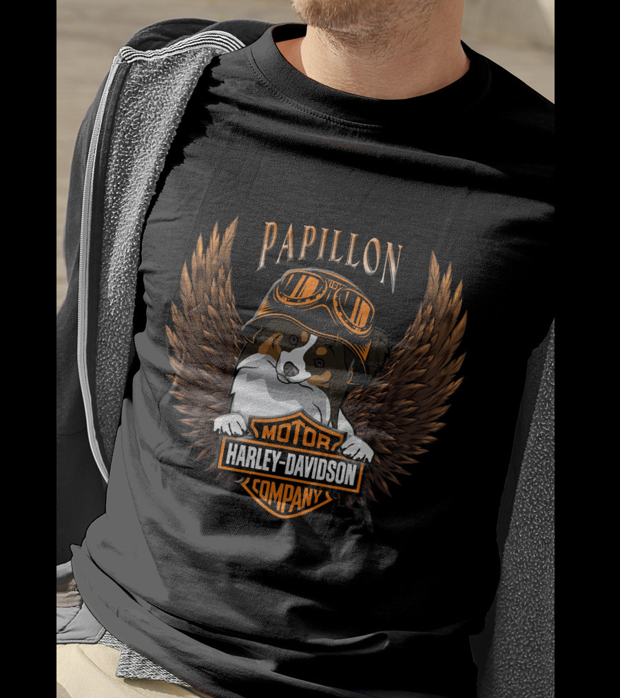 Papillon Harley Davidson Motor Company Wings Dog With Goggles T-Shirt