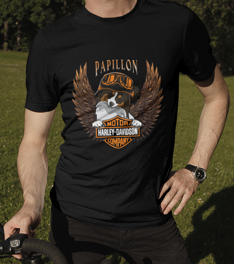 Papillon Harley Davidson Motor Company Wings Dog With Goggles T-Shirt