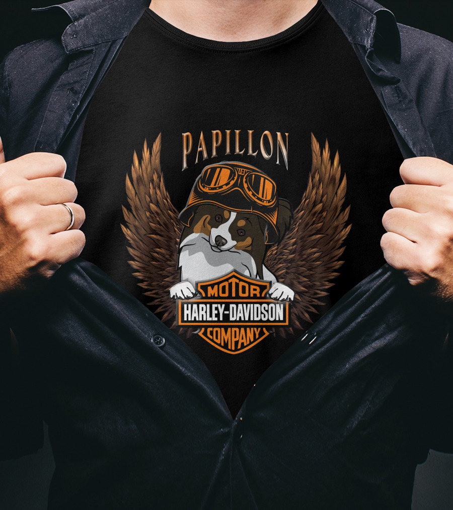 Papillon Harley Davidson Motor Company Wings Dog With Goggles T-Shirt
