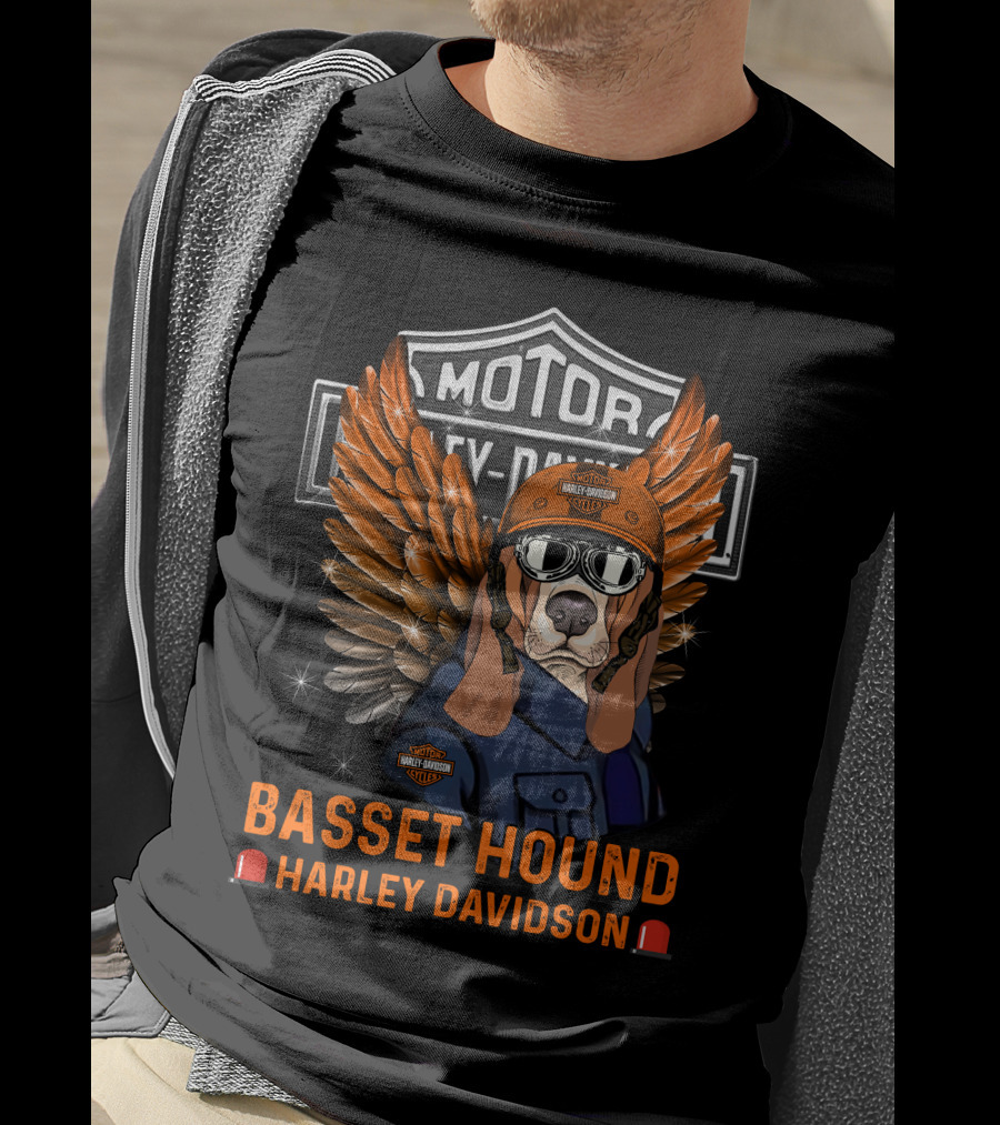Basset Hound Harley Davidson Motorcycles Winged Helmet Riding Theme T-Shirt