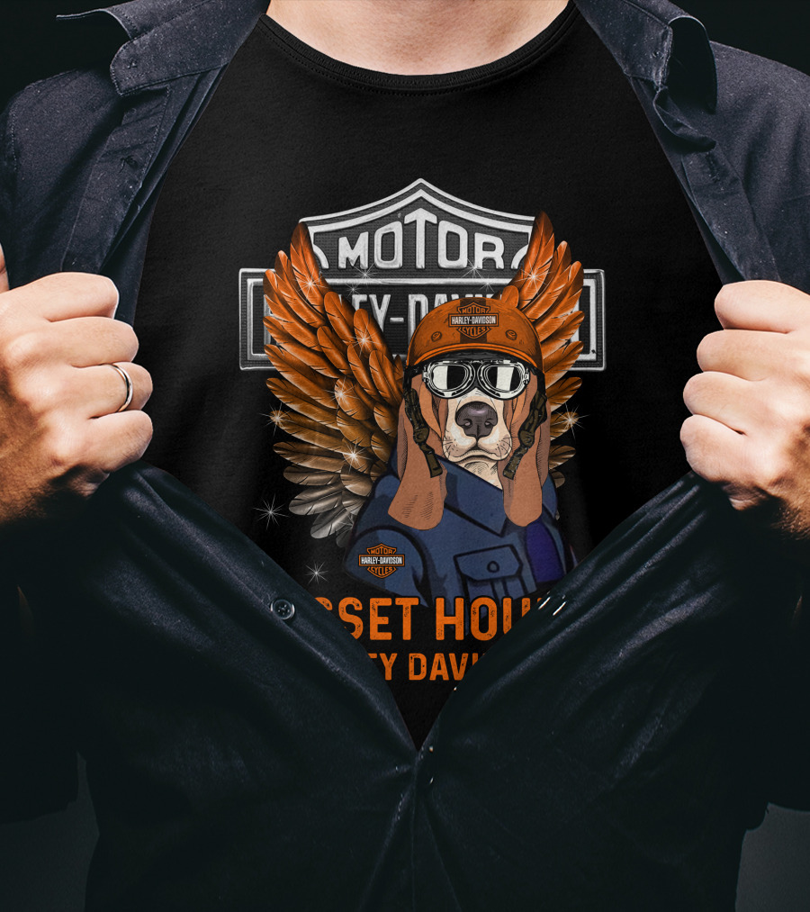 Basset Hound Harley Davidson Motorcycles Winged Helmet Riding Theme T-Shirt