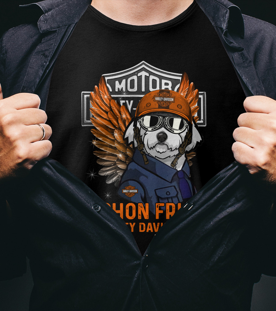 Bichon Frise Harley Davidson Motorcycles Winged Dog Pilot T-Shirt