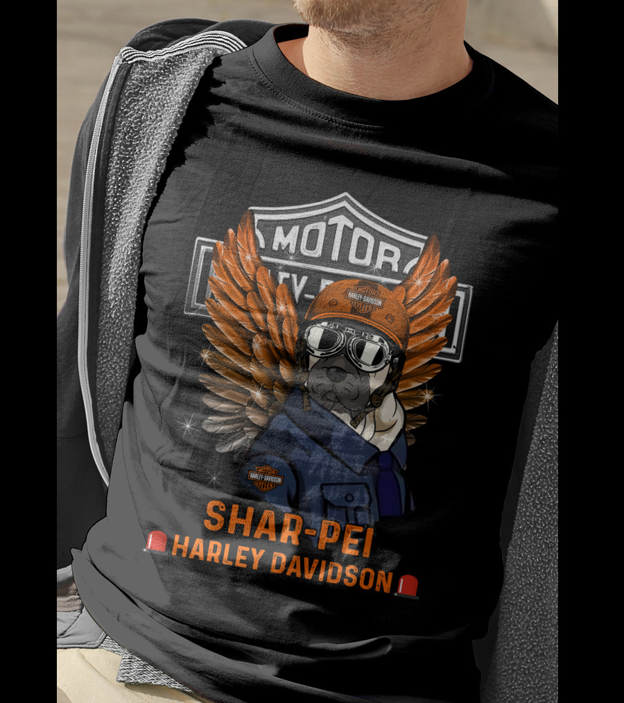 Shar-Pei Harley Davidson Motor Style With Wings And Helmet T-Shirt
