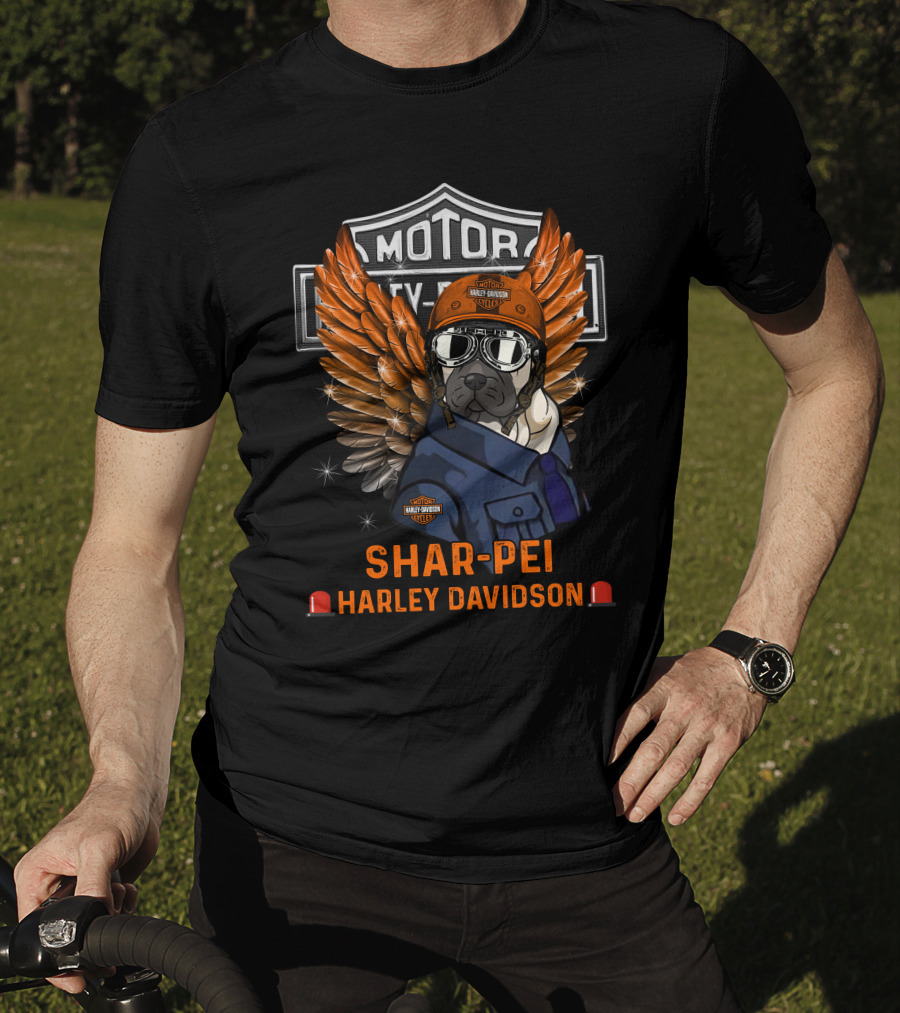 Shar-Pei Harley Davidson Motor Style With Wings And Helmet T-Shirt