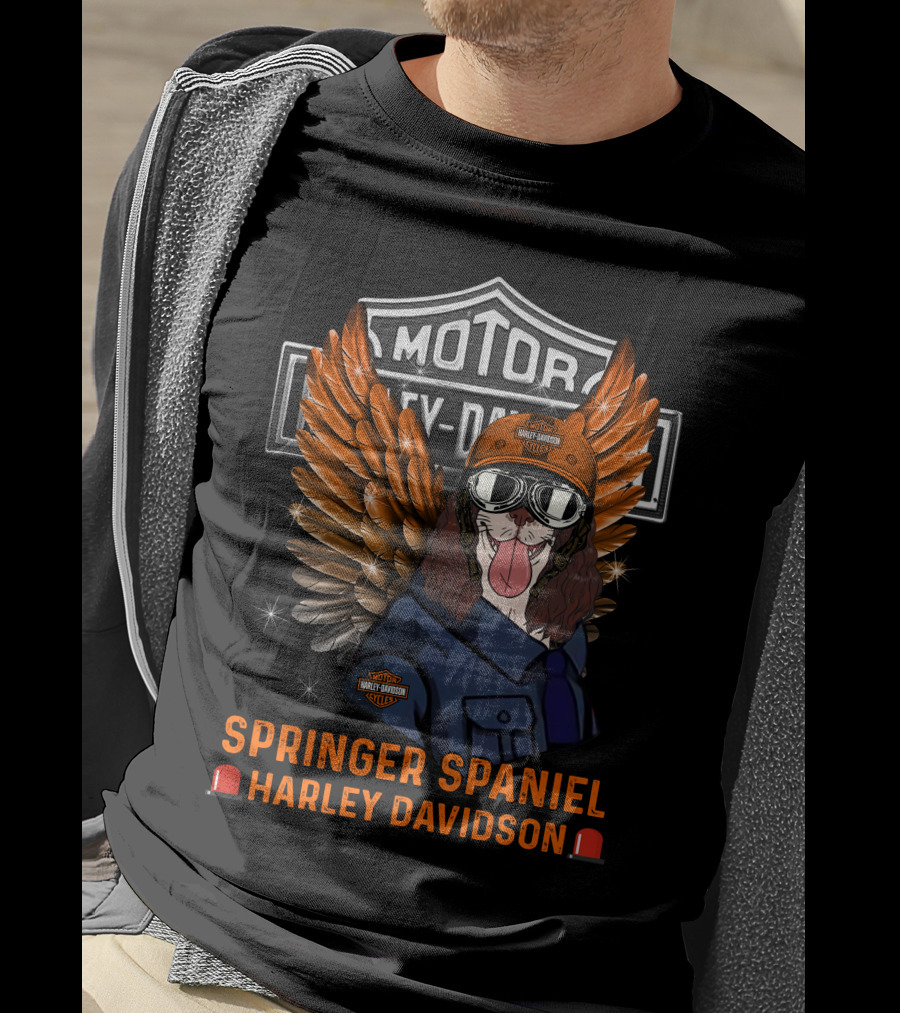 Springer Spaniel Harley Davidson Motor Safety Dog Wings Helmet Glasses T-Shirt