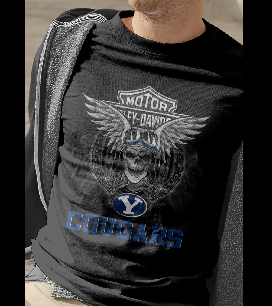 Byu Cougars Harley Davidson Motorcycle Wings Skull Ncaa Football Fans T-Shirt
