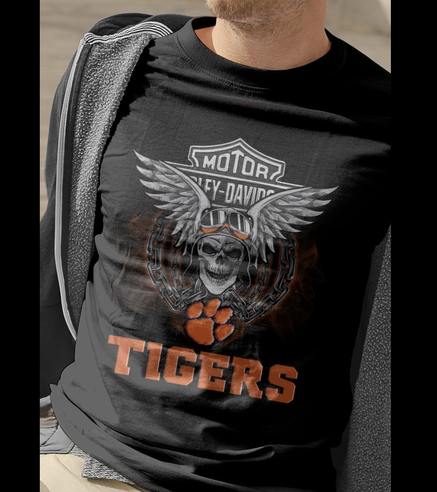 Tigers Hd Clemson Tigers Ncaa Football Fans Harley Davidson Skull Wings Chain T-Shirt