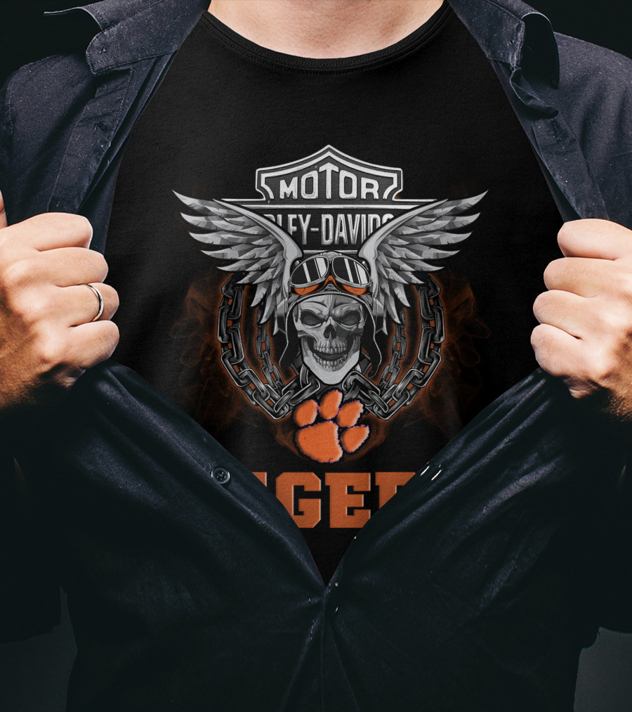 Tigers Hd Clemson Tigers Ncaa Football Fans Harley Davidson Skull Wings Chain T-Shirt