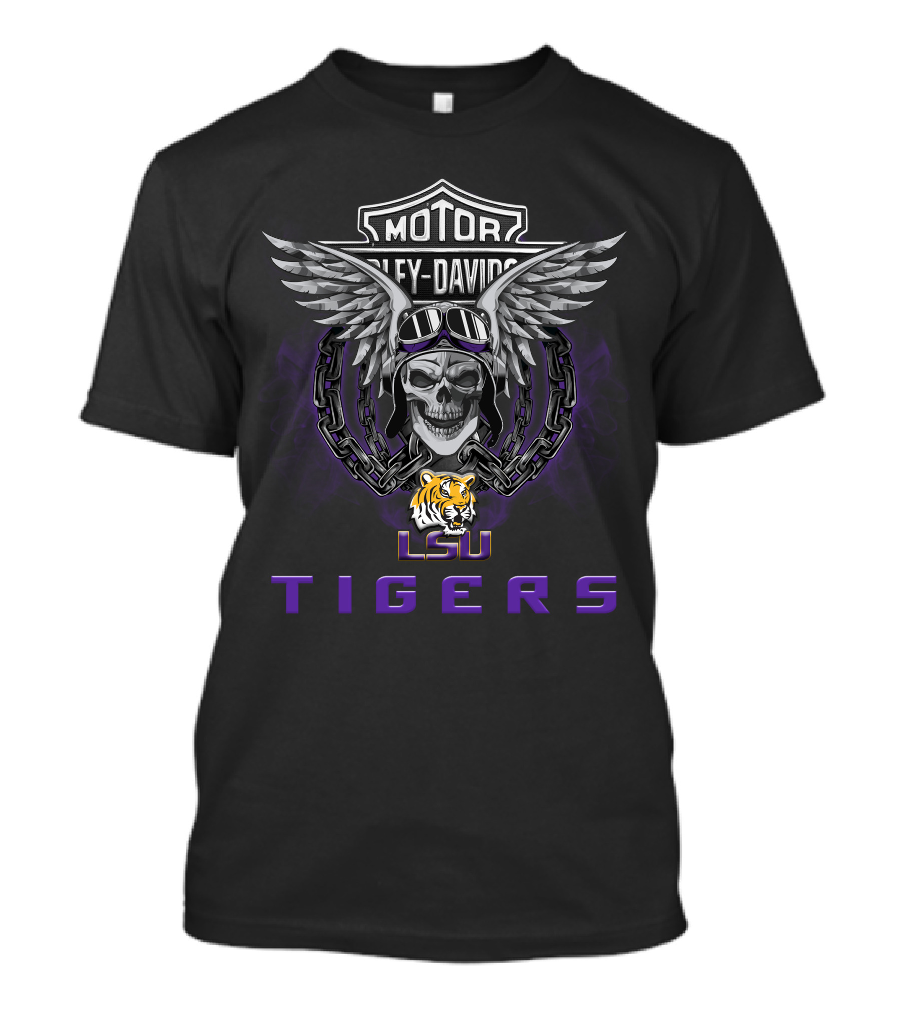 Lsu Tigers Harley Davidson Skull Wings Ncaa Football Fans T-Shirt