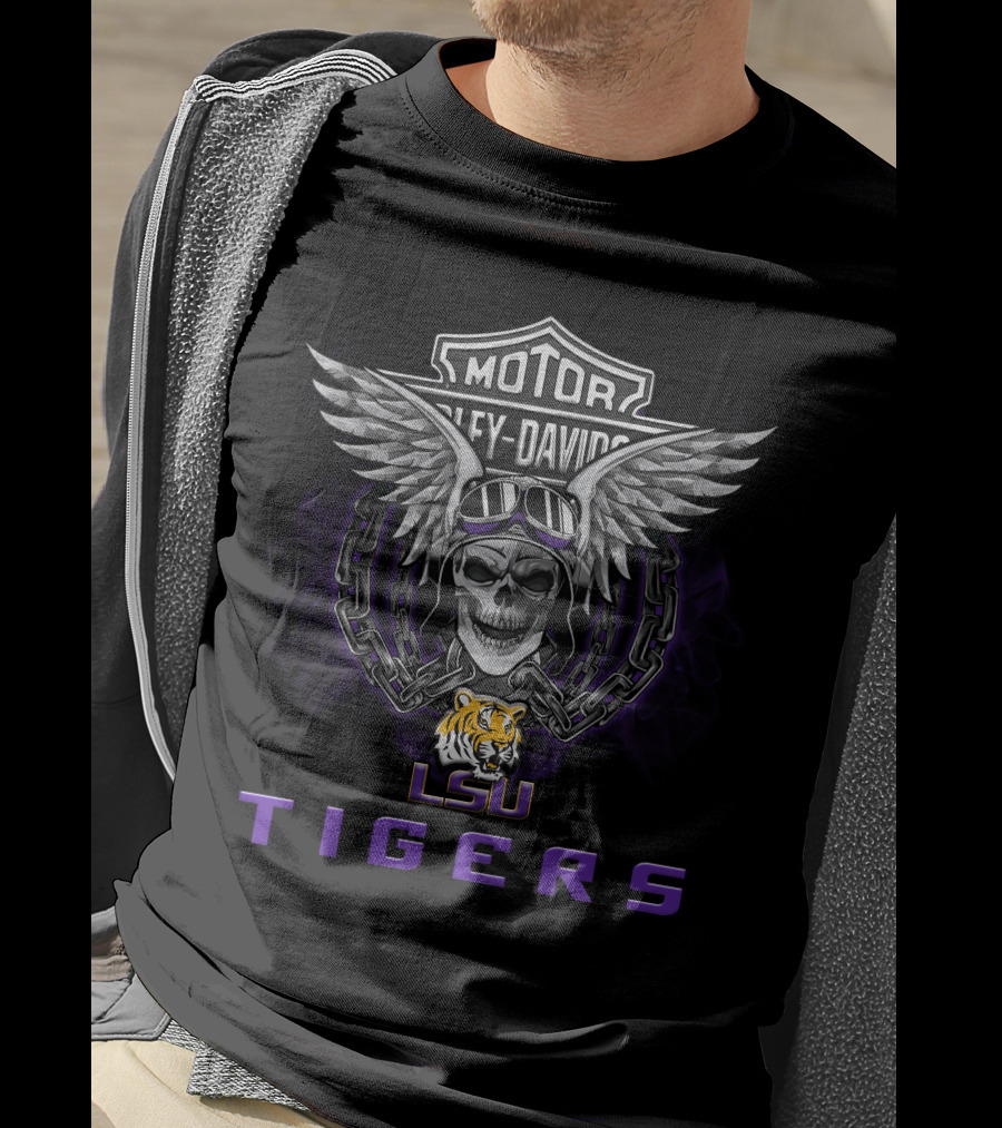 Lsu Tigers Harley Davidson Skull Wings Ncaa Football Fans T-Shirt