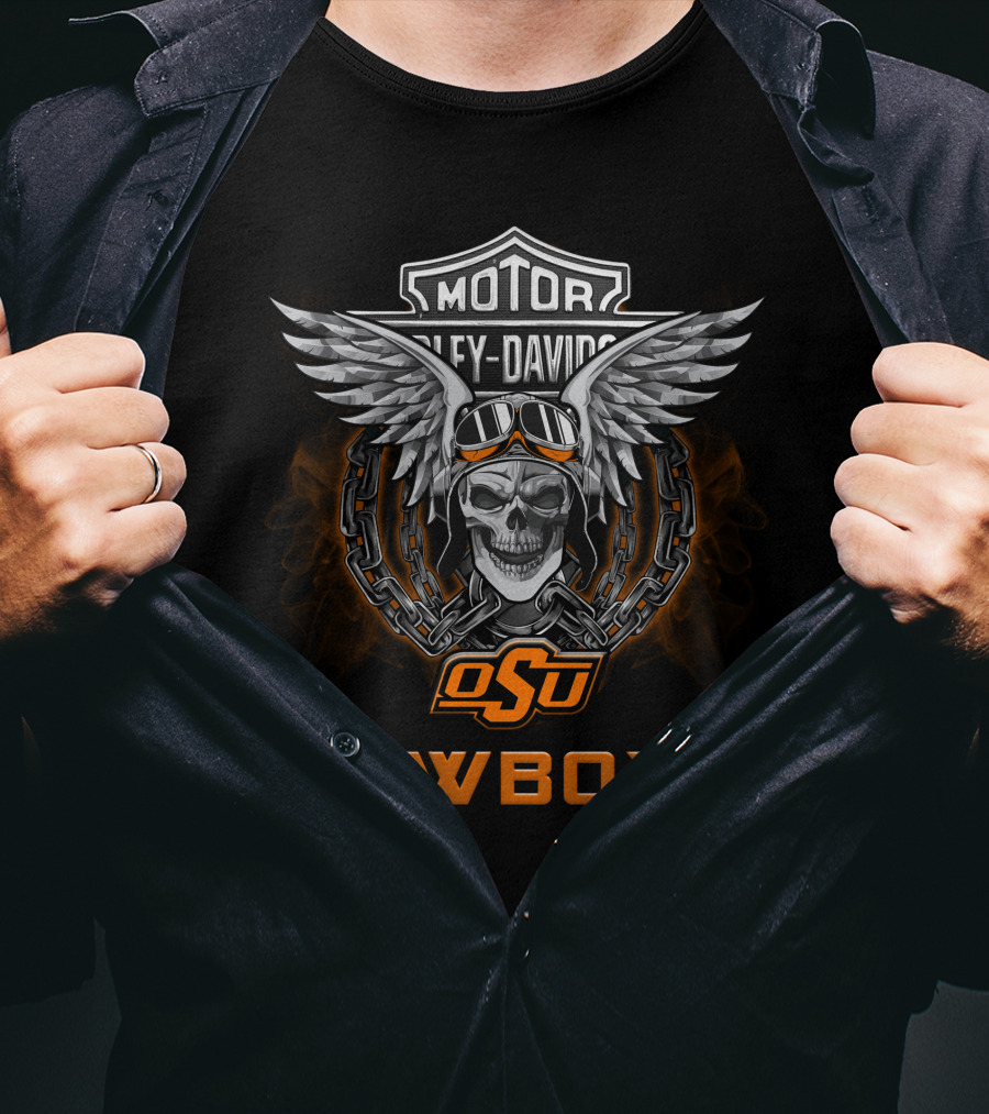 Osu Cowboys Harley Davidson Skull Wings Ncaa Football Fans T-Shirt