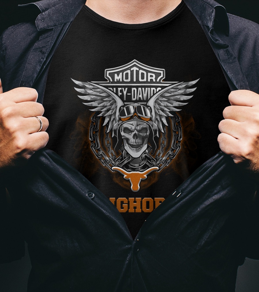 Texas Longhorns Harley Davidson Football Fans Motorcycle Skull Wings T-Shirt
