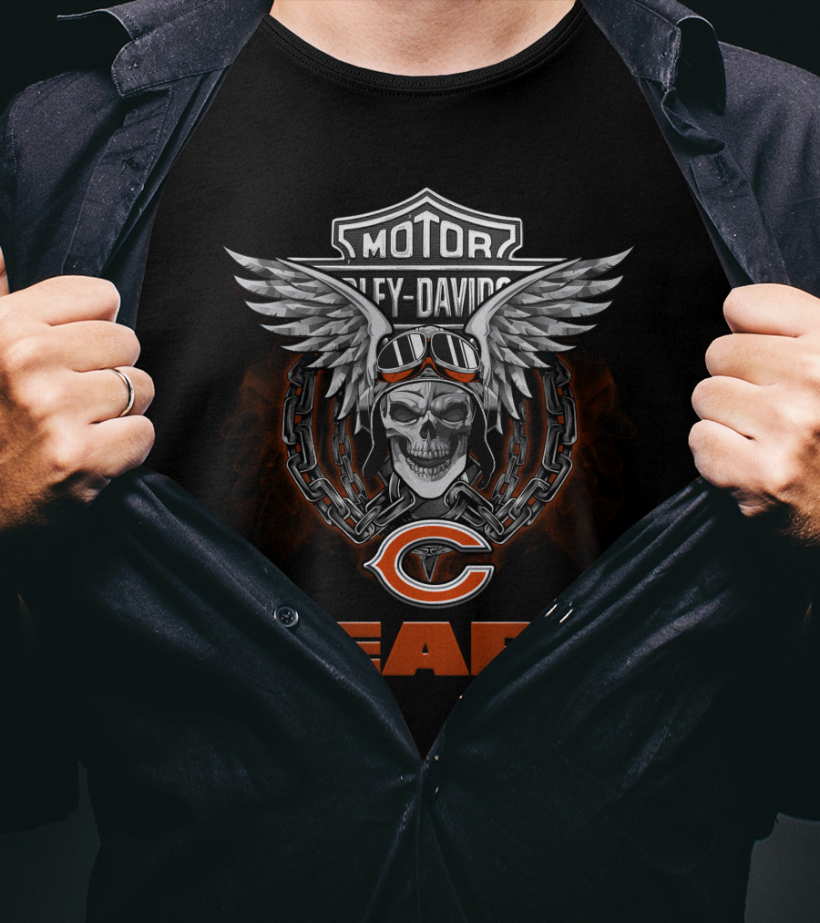 Motor Harley Davidson Chicago Bears Fans Nfl Football Skull Wings T-Shirt