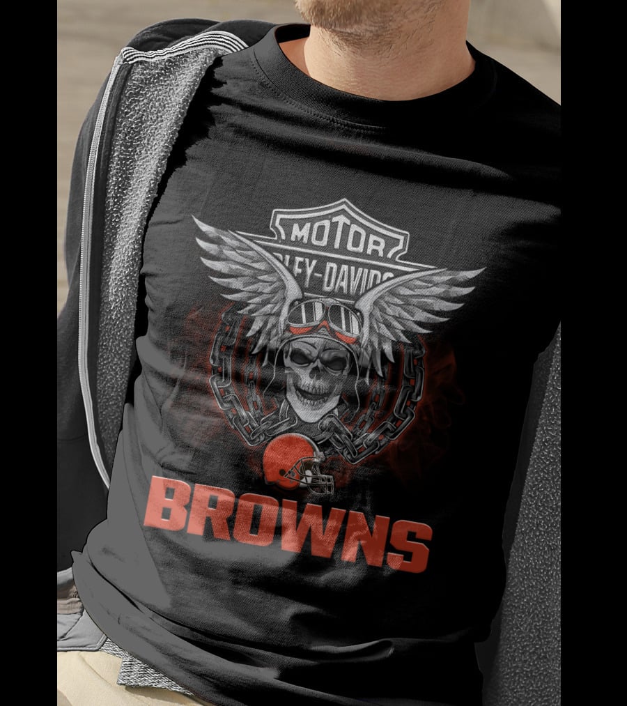 Motor Harley Davidson Browns Nfl Football Skull And Chain Helmet Wings T-Shirt