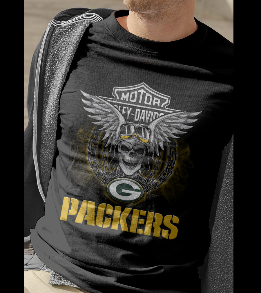 Motor Harley Davidson Green Bay Packers Wings Skull Nfl Football Fans T-Shirt