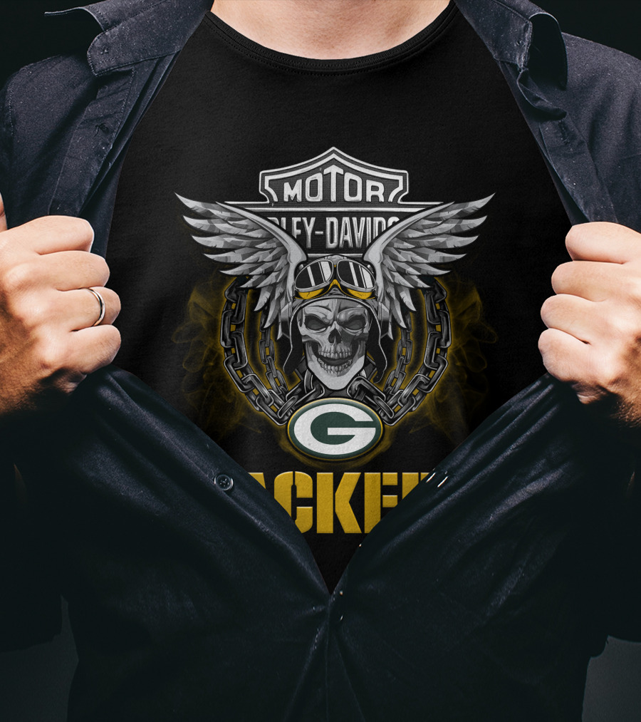 Motor Harley Davidson Green Bay Packers Wings Skull Nfl Football Fans T-Shirt