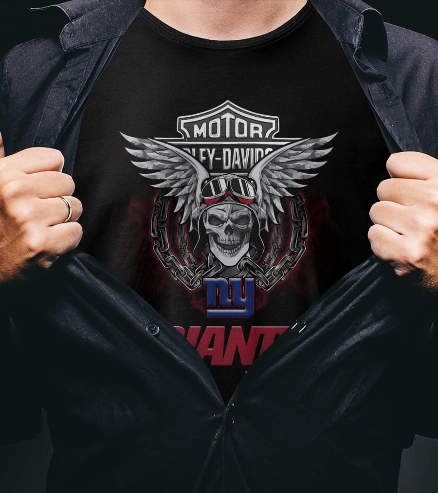 Motor Harley Davidson Ny Giants Skull Wings Nfl Football Fans T-Shirt