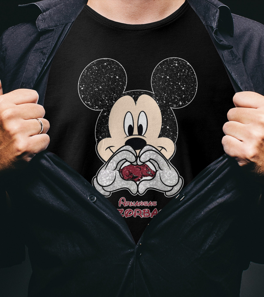 Mickey Mouse Heart Hands Arkansas Razorbacks Football T-Shirt