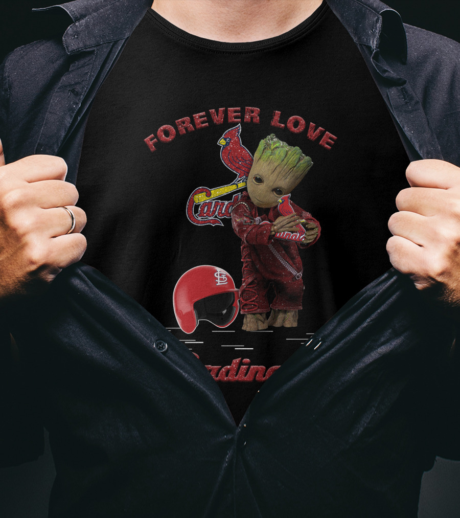 Forever Love St. Louis Cardinals With Groot Helmet Hug For MLB Fans T-Shirt