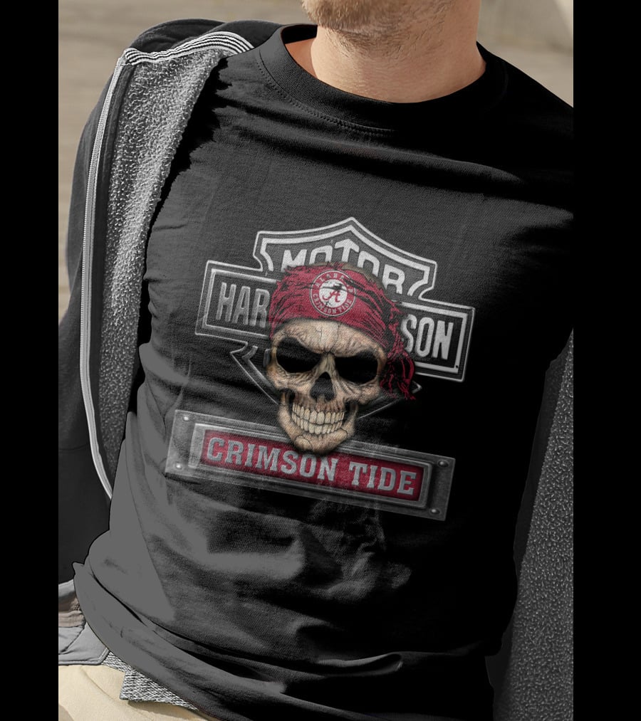 Motor Harley Davidson Crimson Tide Skull Ncaa Alabama T-Shirt