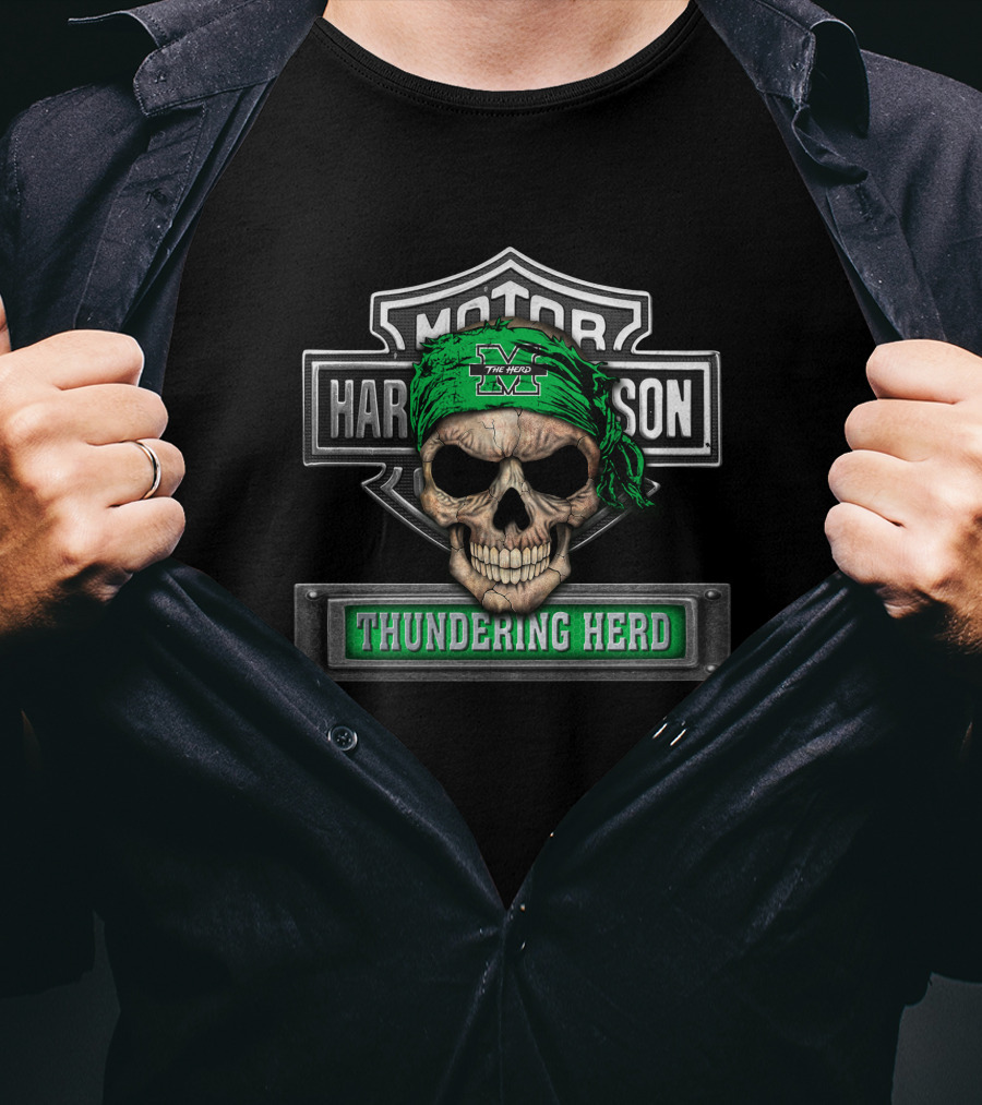 Marshall Thundering Herd Skull Harley Davidson Style Banner T-Shirt