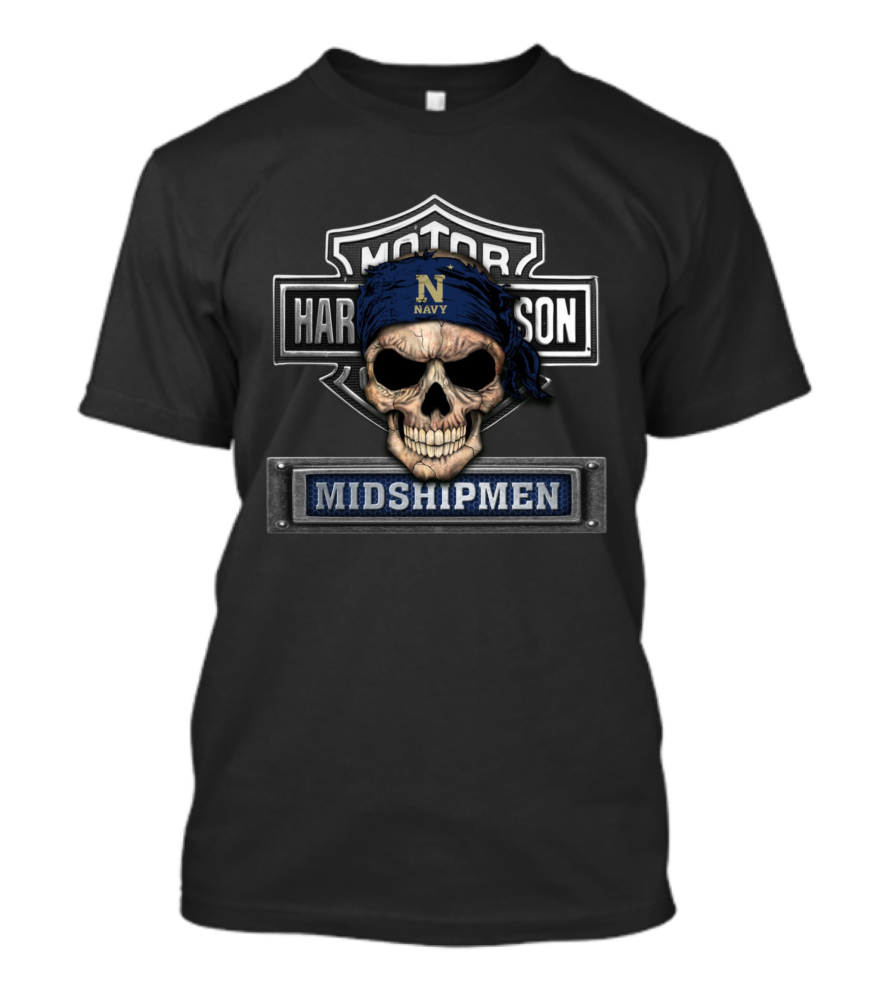 Navy Midshipmen Skull With Harley Davidson Shield T-Shirt