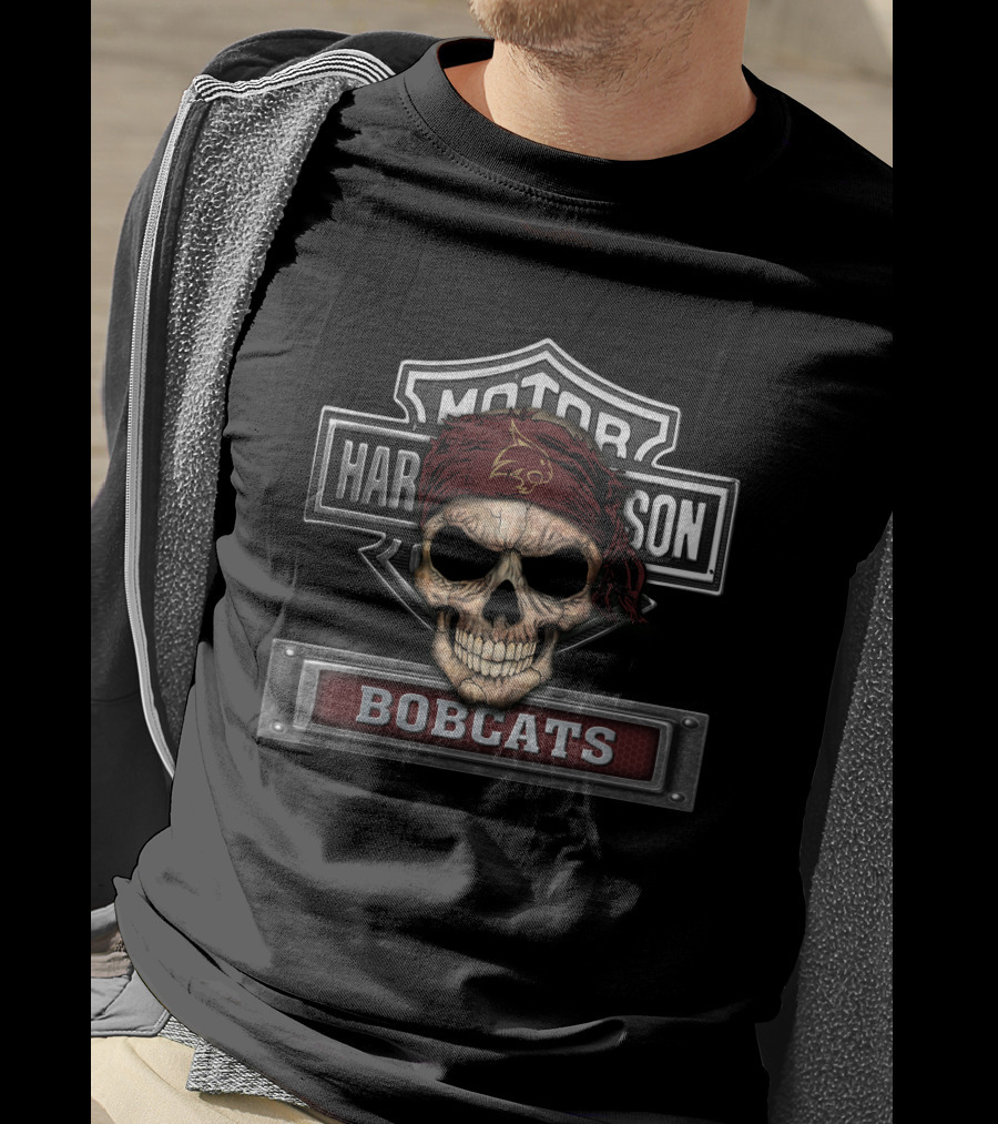 Motor Harley Davidson Bobcats Skull With Texas State Bandana T-Shirt