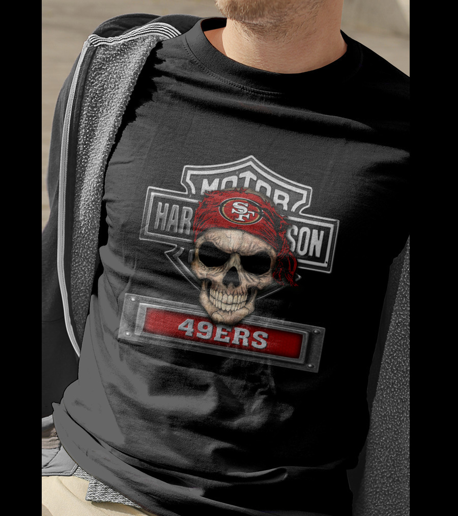 Hd Nfl San Francisco 49ers Skull Bandana Graphic With Harley Davidson Shield T-Shirt
