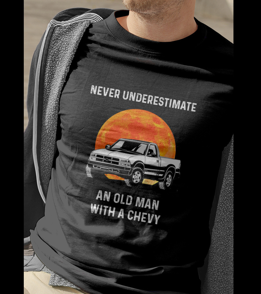 Never Underestimate An Old Man With A Chevy Truck And Fiery Moon Background T-Shirt