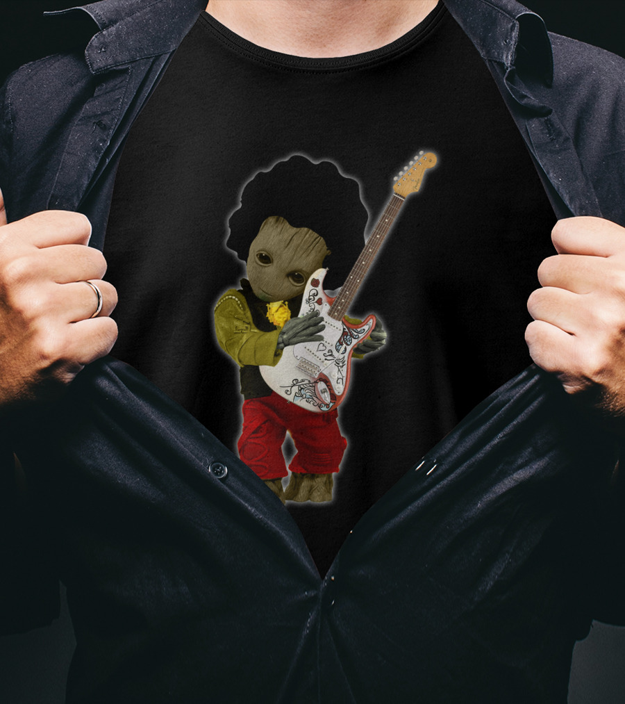 G Hug JH Guitar Groot Playing Electric Guitar With Rock Costume T-Shirt