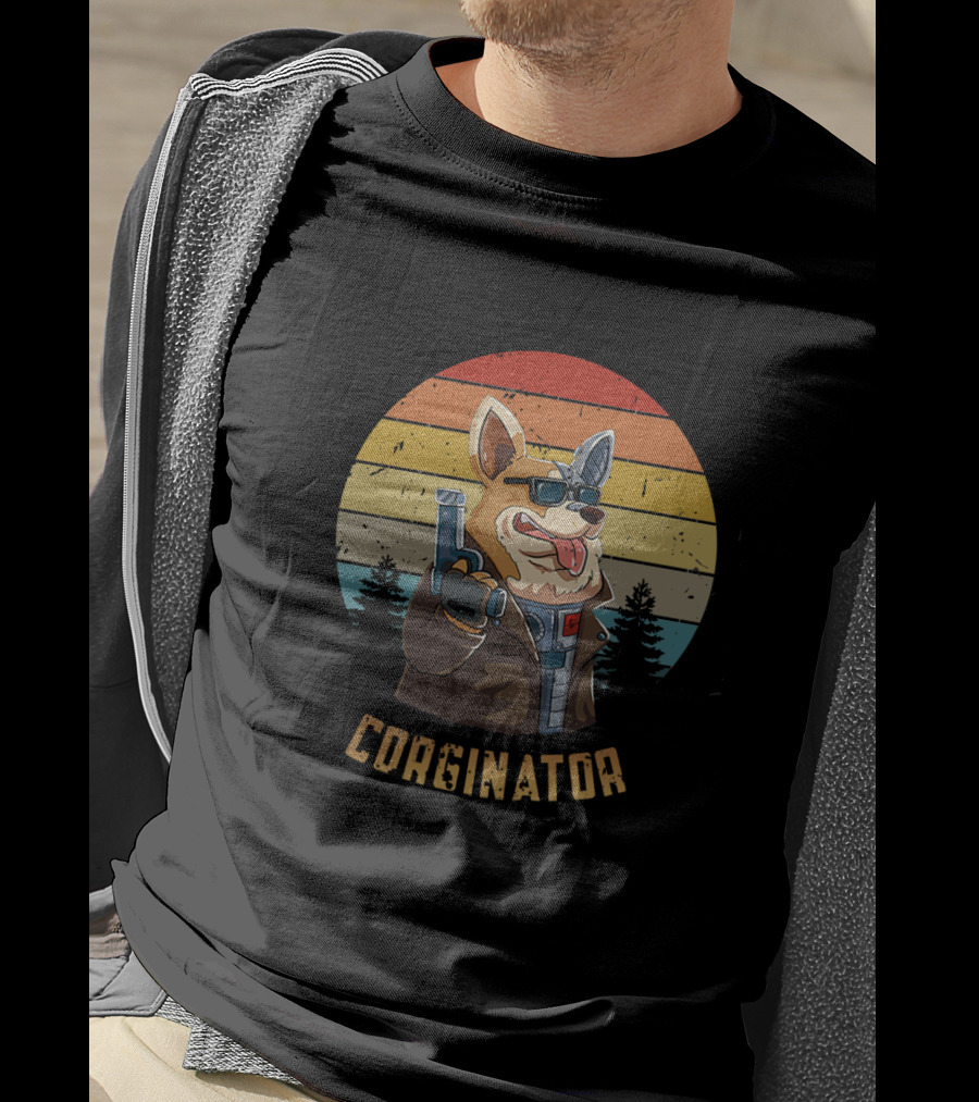 Corginator Dog With Sunglasses And Cybernetic Arm Retro Sunset T-Shirt